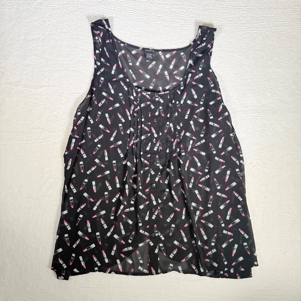 Torrid Black Lipstick Print Sleeveless Button Front Chiffon Top Womens‎ Size 3